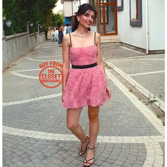 ZARA Textured Strapless Mini Dress NWT | Pink Floral Rosette Balloon Hem - Picture 14 of 16